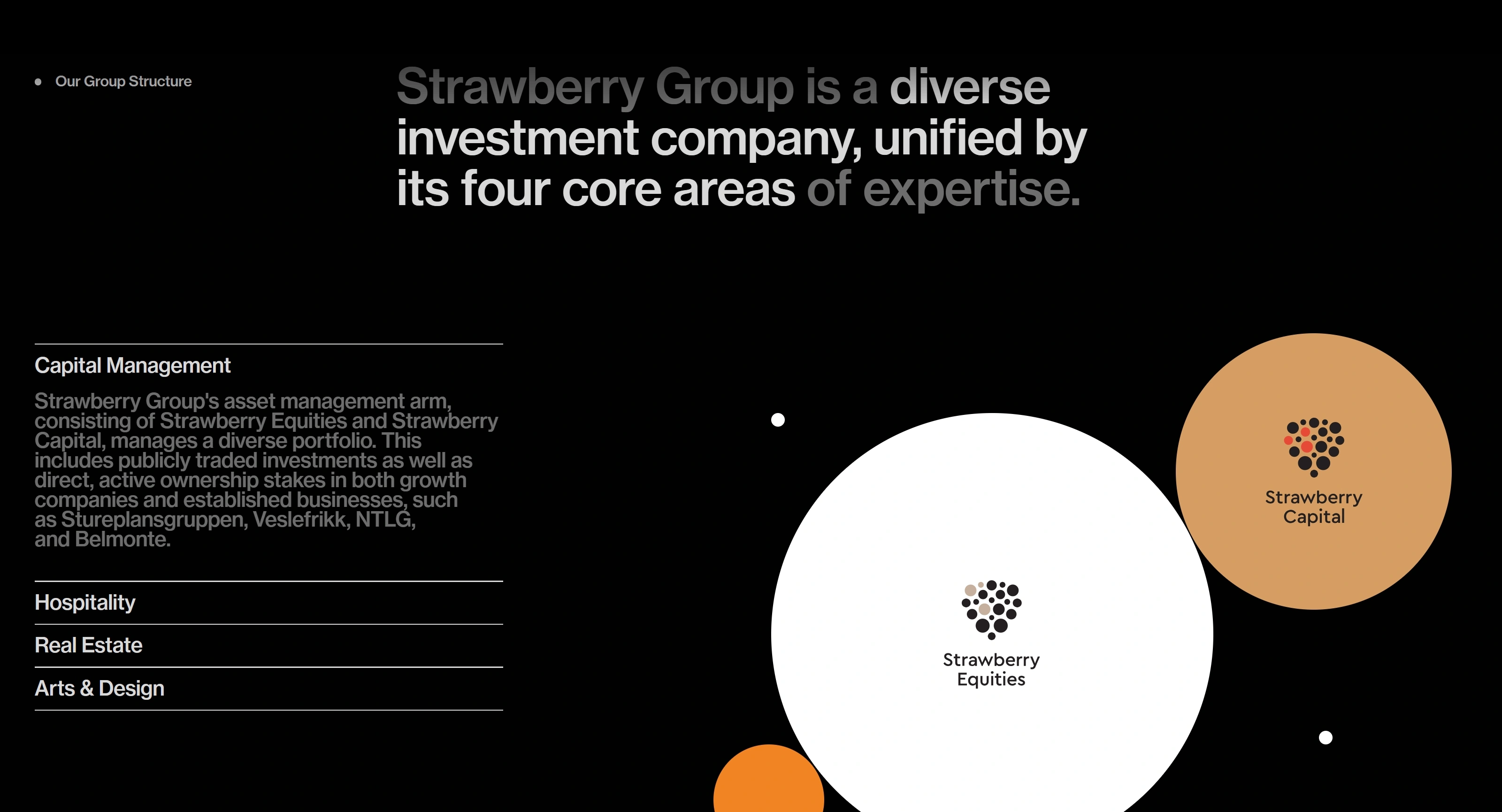 Strawberry Group Секция «О компании» с сайта https://www.strawberrygroup.no/, тематика — Бизнес и профессиональные услуги, цвета — Черный, стиль — Корпоративный, Минимализм, типографика — Без засечек