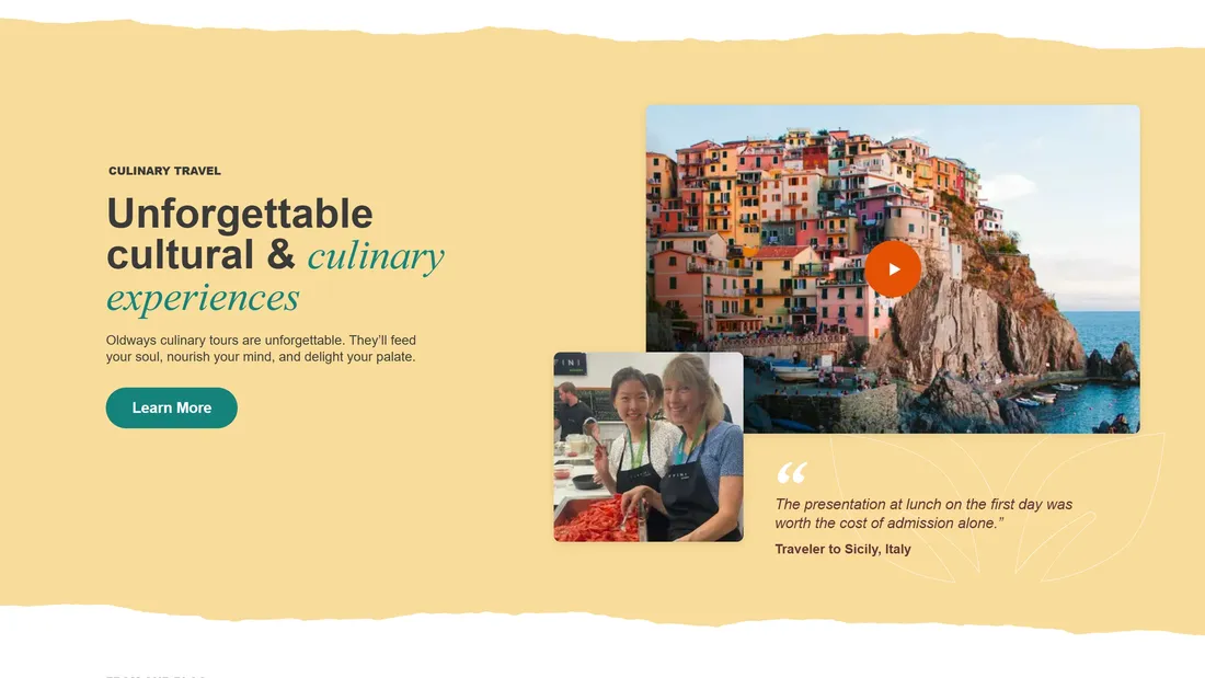 Секция «Для кого» с сайта https://oldwayspt.org/, тематика — Еда и напитки, Путешествия и туризм, цвета — Белый, Серый, Желтый, стиль — Фестивальный, Гранж, типографика — Без засечек