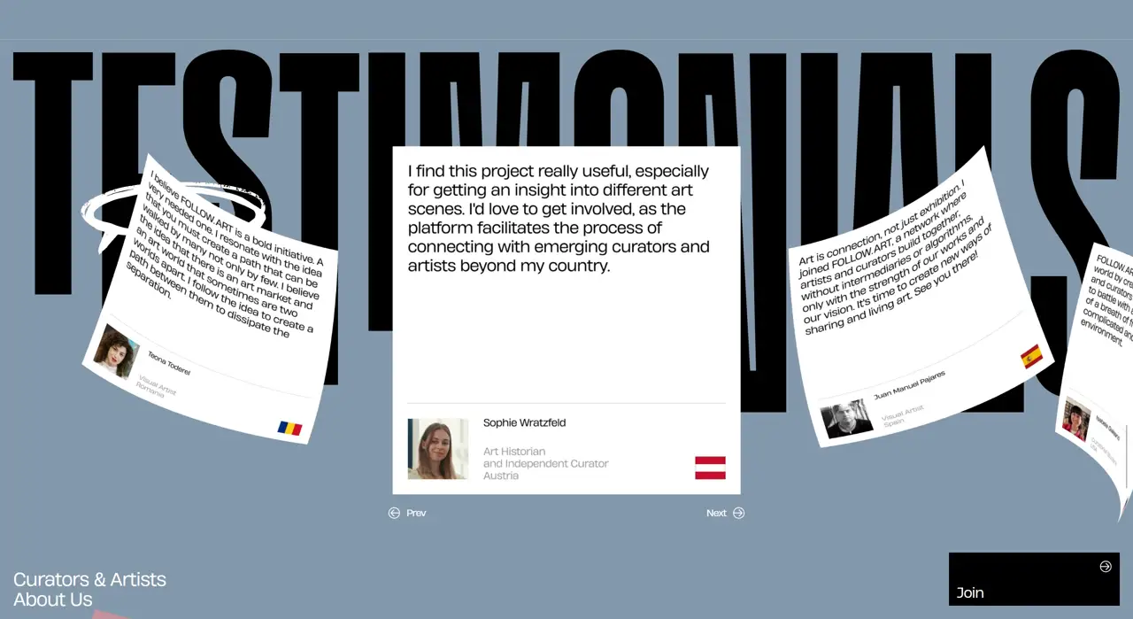 Секция «Отзывы» с сайта https://follow.art/, тематика — Искусство, цвета — Белый, Черный, Серый, стиль — Карточный, Брутализм, типографика — Без засечек, Декоративные