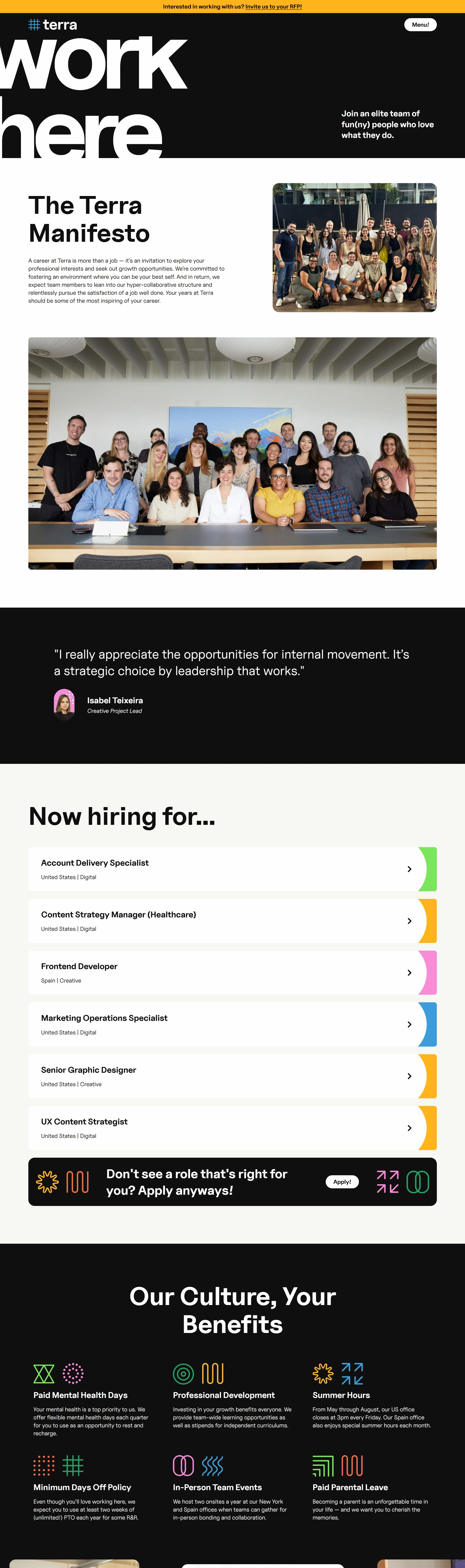 Terra Страница карьеры Terra, тематика — Бизнес и профессиональные услуги, цвета — Белый, Черный, Серый, стиль — Корпоративный, типографика — Без засечек