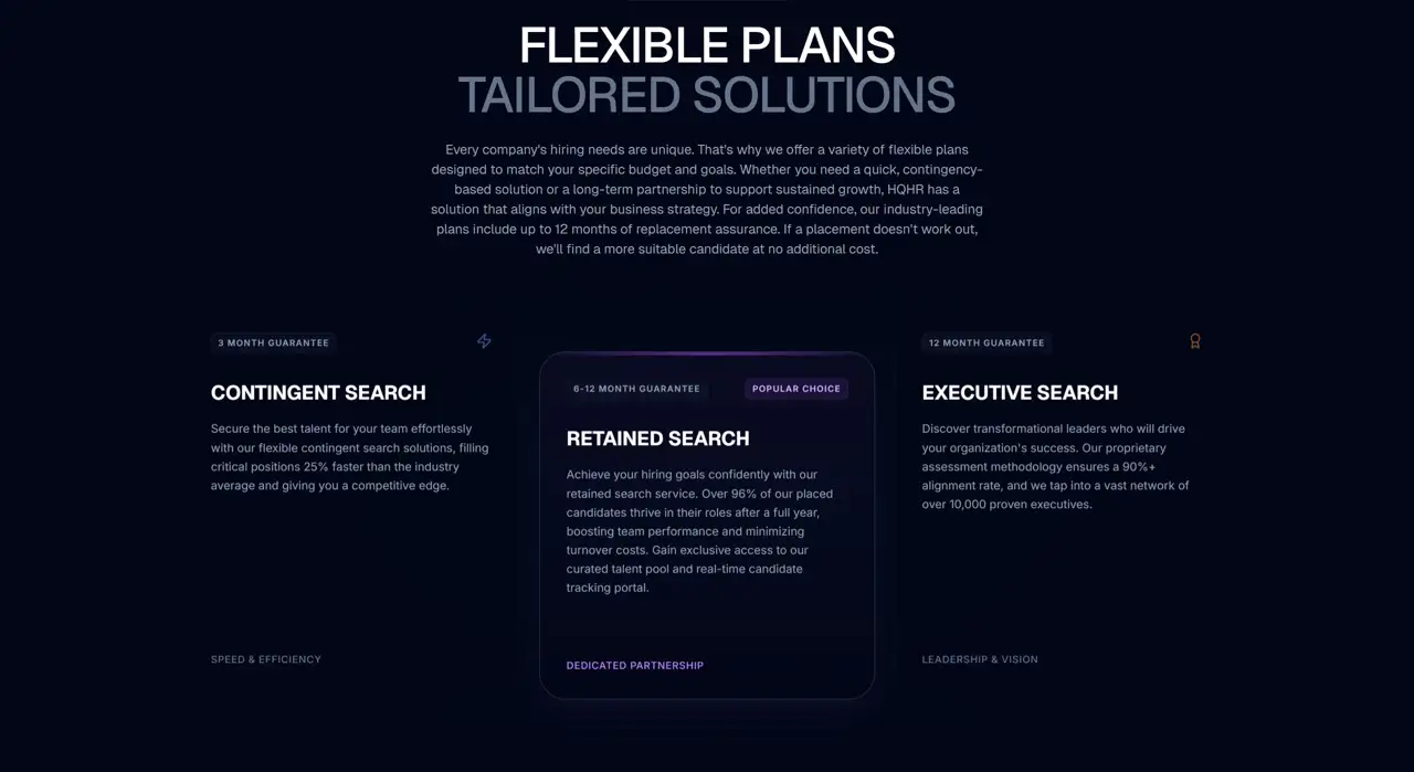 Секция «Услуги» с сайта https://hqhr.com/#, тематика — HR, цвета — Черный, стиль — Корпоративный, Карточный, типографика — Без засечек