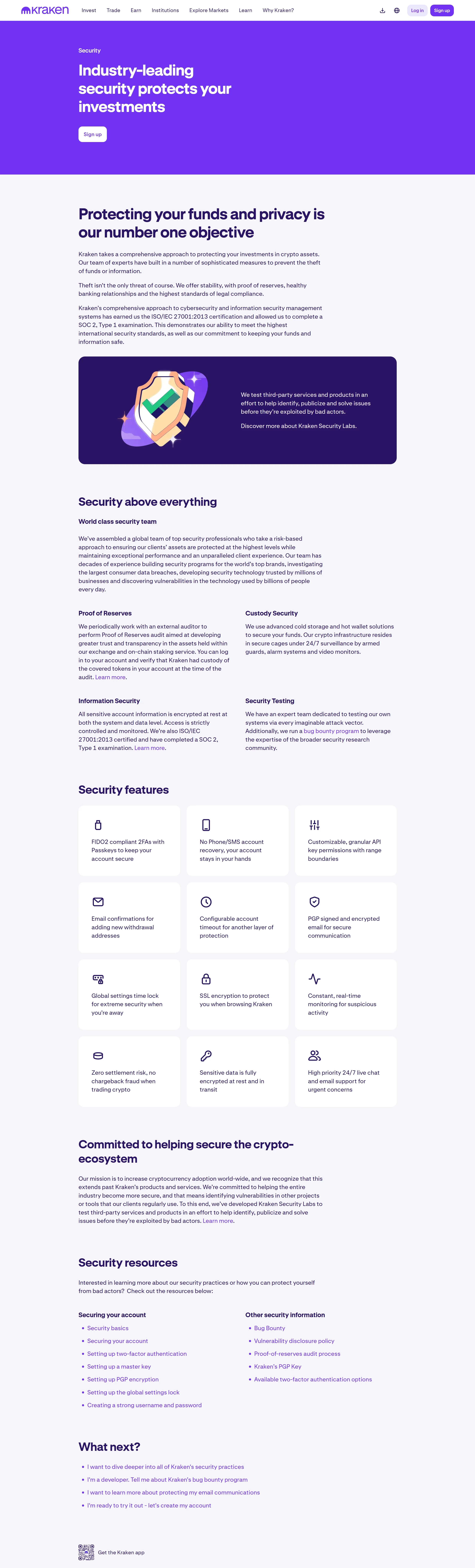 Страница о компании Kraken, тематика — Крипто  и блокчейн, цвета — Белый, стиль — Корпоративный, типографика — Без засечек
