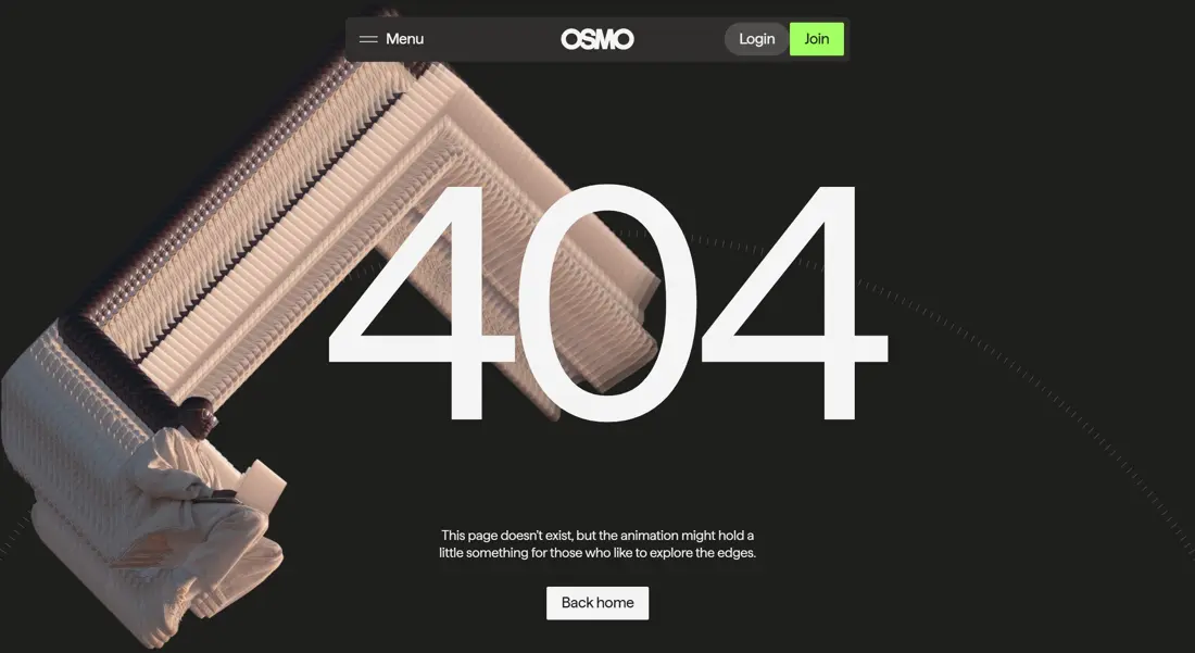 404-страница Osmo, тематика — Другое, цвета — Черный, Серый, стиль — Фестивальный, Минимализм, типографика — Без засечек