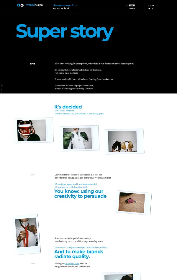 Страница о компании Stéréosuper, тематика — Агентство , цвета — Белый, Черный, стиль — Типографика, Брутализм, типографика — Без засечек