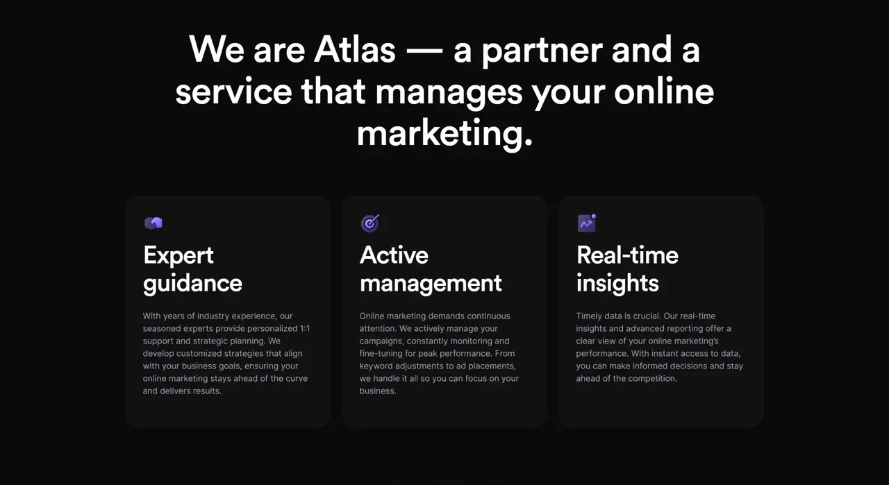 Секция «Преимущества» с сайта https://www.growwithatlas.co/, тематика — Маркетинг, цвета — Черный, стиль — Корпоративный, Карточный, Минимализм, типографика — Без засечек