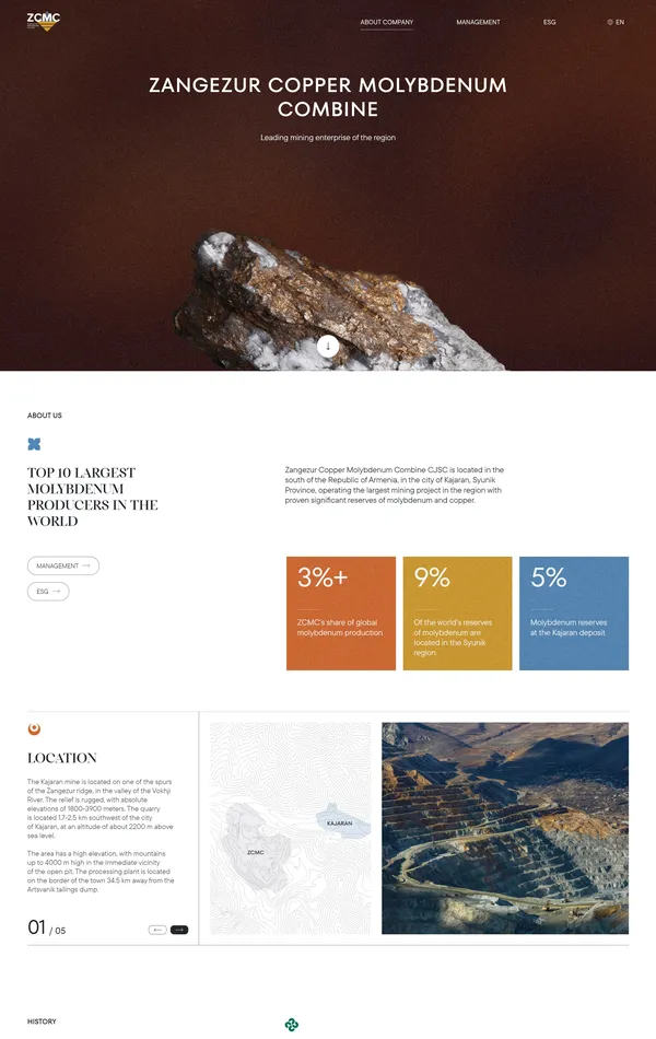 Страница о компании Zangezur, тематика — Производство, цвета — Белый, Черный, Серый, стиль — Корпоративный, типографика — Без засечек