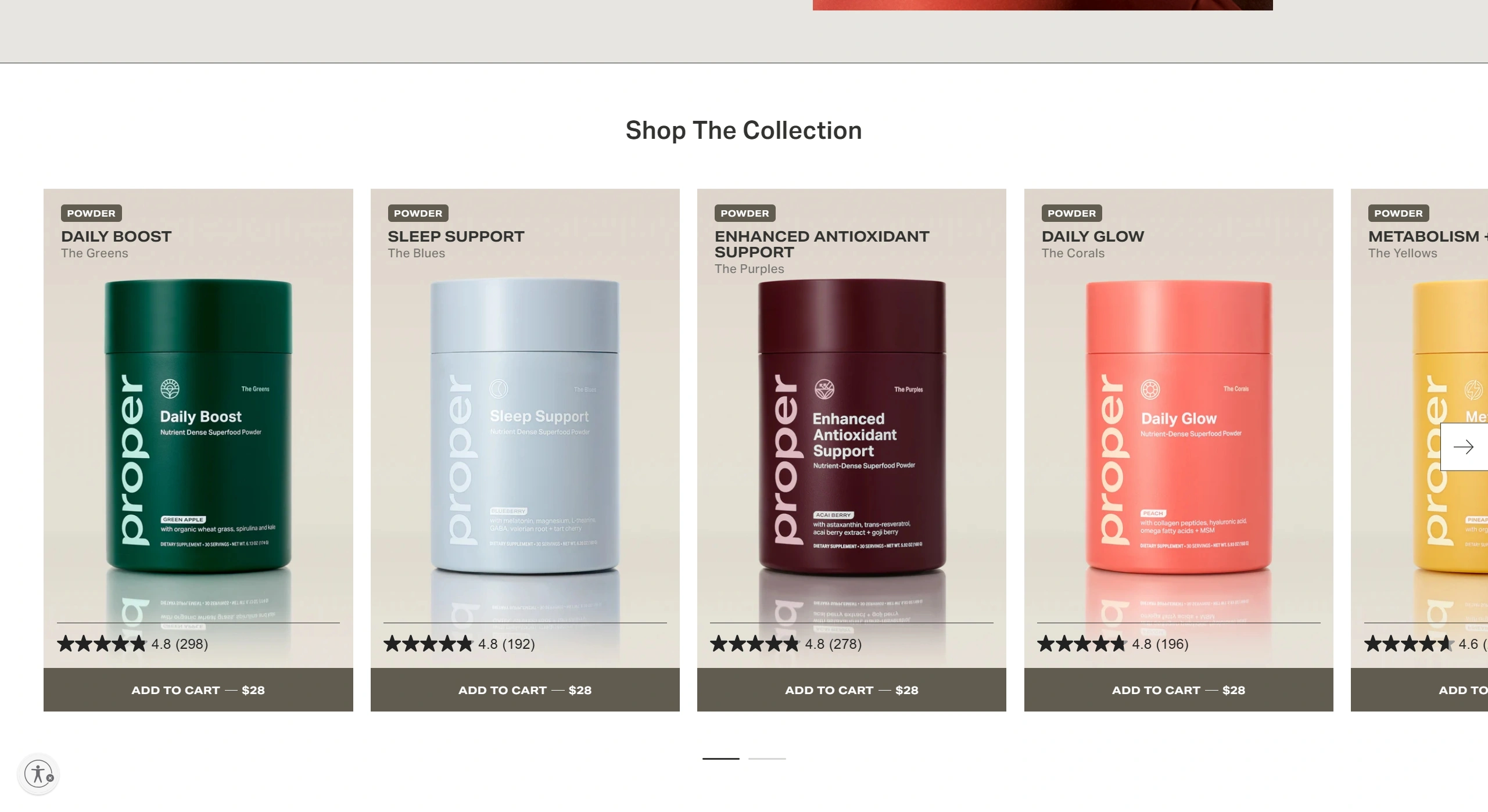 Proper Health Секция «Товары» с сайта https://properhealth.com/, тематика — Здоровье и фитнес, цвета — Белый, Серый, стиль — Карточный, Минимализм, типографика — Без засечек