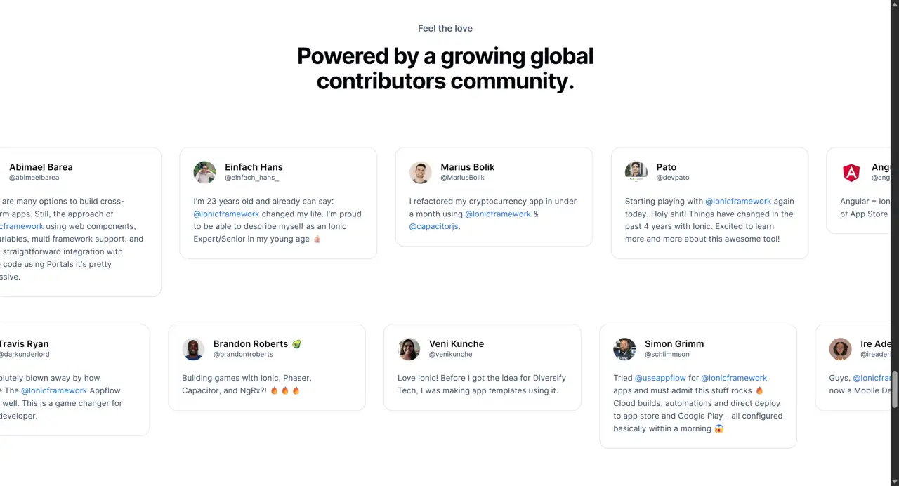 Секция «Отзывы» с сайта https://ionic.io/, тематика — Мобильное приложение, цвета — Белый, Серый, стиль — Карточный, Минимализм, типографика — Без засечек