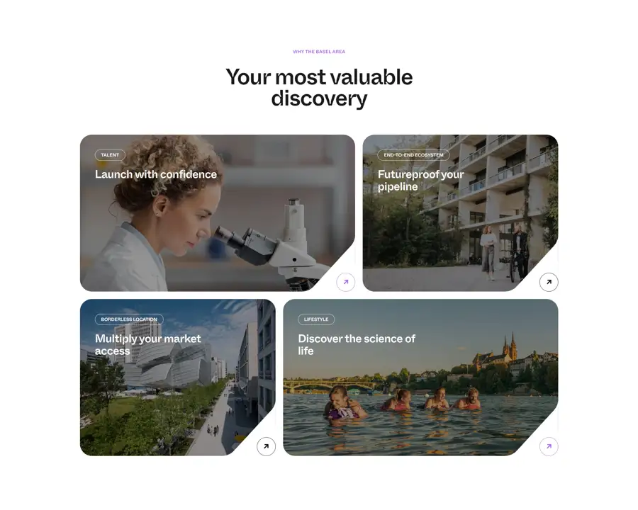 Секция «Преимущества» с сайта https://baselsupercluster.com/, тематика — Другое, цвета — Белый, Черный, Серый, стиль — Корпоративный, Карточный, типографика — Без засечек