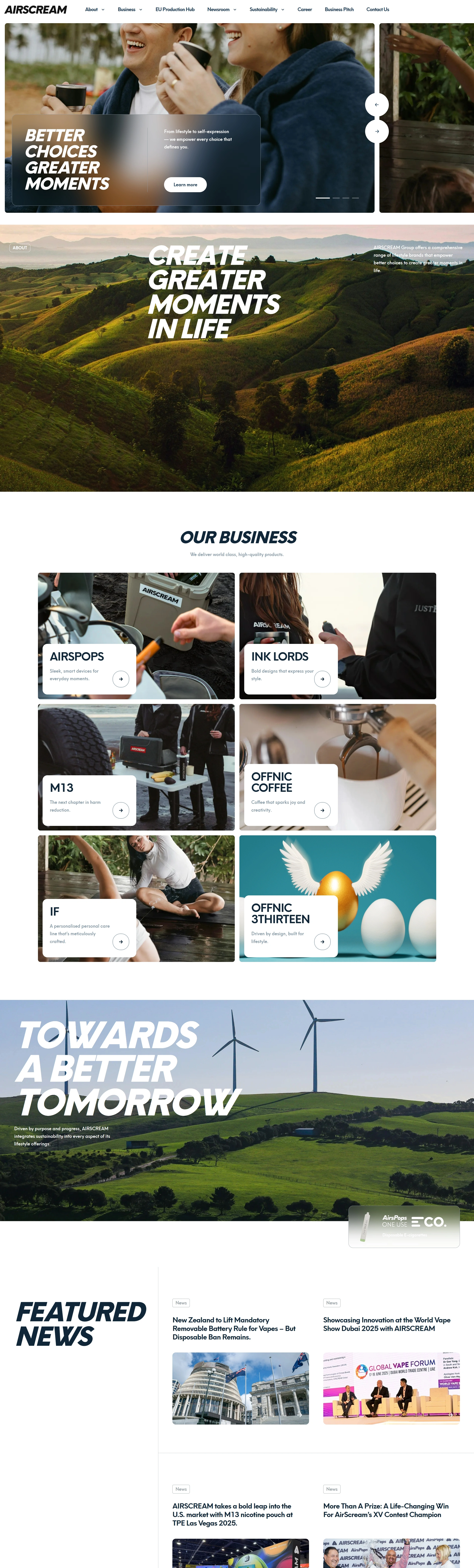 AIRSCREAM Главная AIRSCREAM, тематика — Продукт, цвета — Белый, Черный, Серый, стиль — Корпоративный, типографика — Без засечек