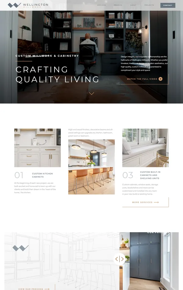 Страница о компании Wellington Millwork, тематика — Строительство, цвета — Белый, Черный, Серый, стиль — Классический, Корпоративный, типографика — Без засечек