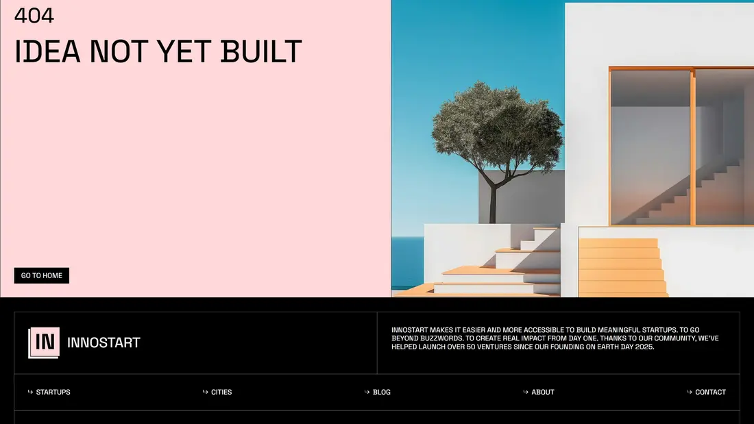 404-страница Innostart, тематика — Бизнес и профессиональные услуги, цвета — Белый, Черный, Серый, стиль — Минимализм, типографика — Без засечек