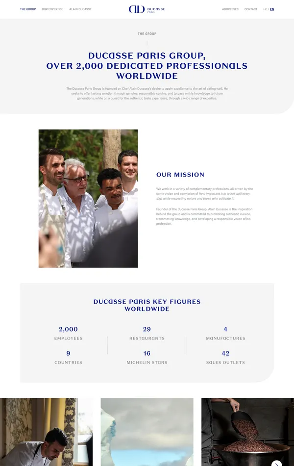 Страница о компании Ducasse Paris, тематика — Еда и напитки, цвета — Белый, Черный, Серый, Коричневый, стиль — Корпоративный, типографика — Без засечек