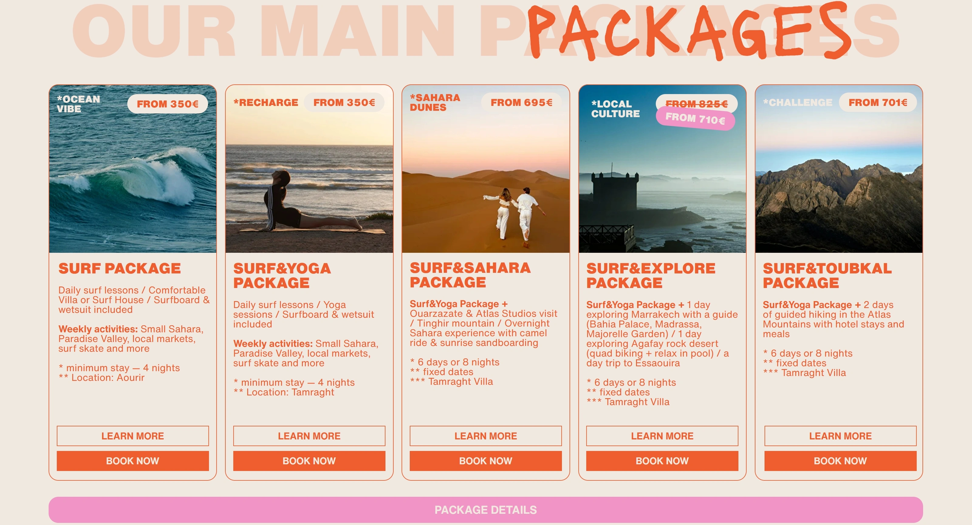 Desert Surf Camp Секция «Товары» с сайта https://desertsurfcamp.com/, тематика — Путешествия и туризм, цвета — Белый, Серый, Розовый, стиль — Карточный, типографика — Без засечек, Декоративные