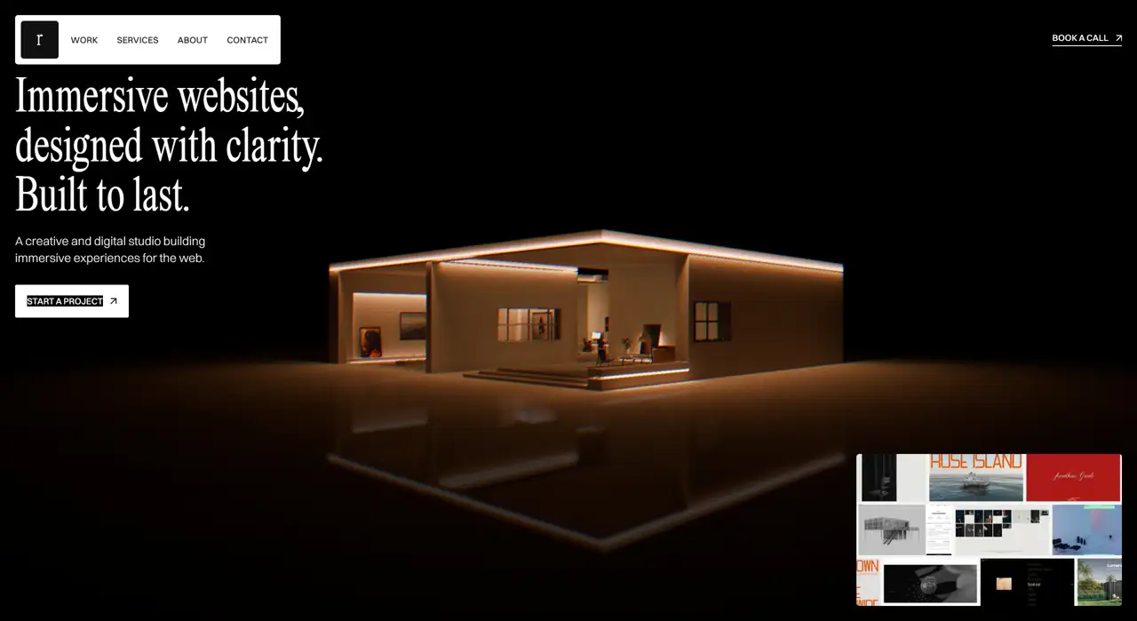 Секция «Первый экран» с сайта https://www.rhumb.co/, тематика — Дизайн, цвета — Черный, стиль — Классический, Минимализм, типографика — С засечками, Декоративные