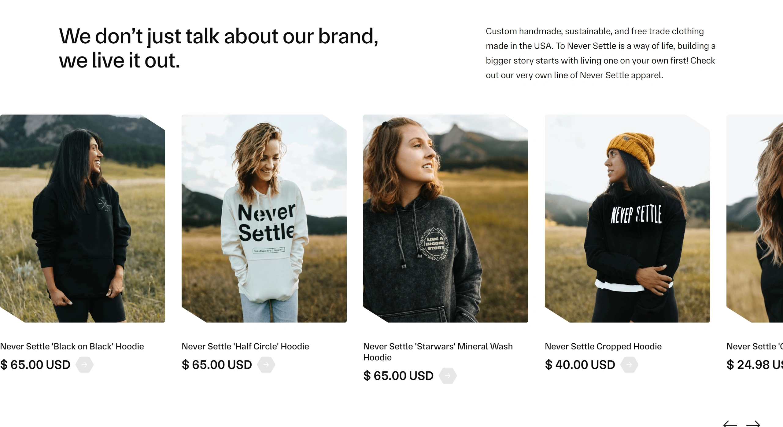 Never Settle Секция «Товары» с сайта https://www.neversettle.it/, тематика — Агентство , цвета — Белый, Черный, Серый, стиль — Минимализм, типографика — Без засечек