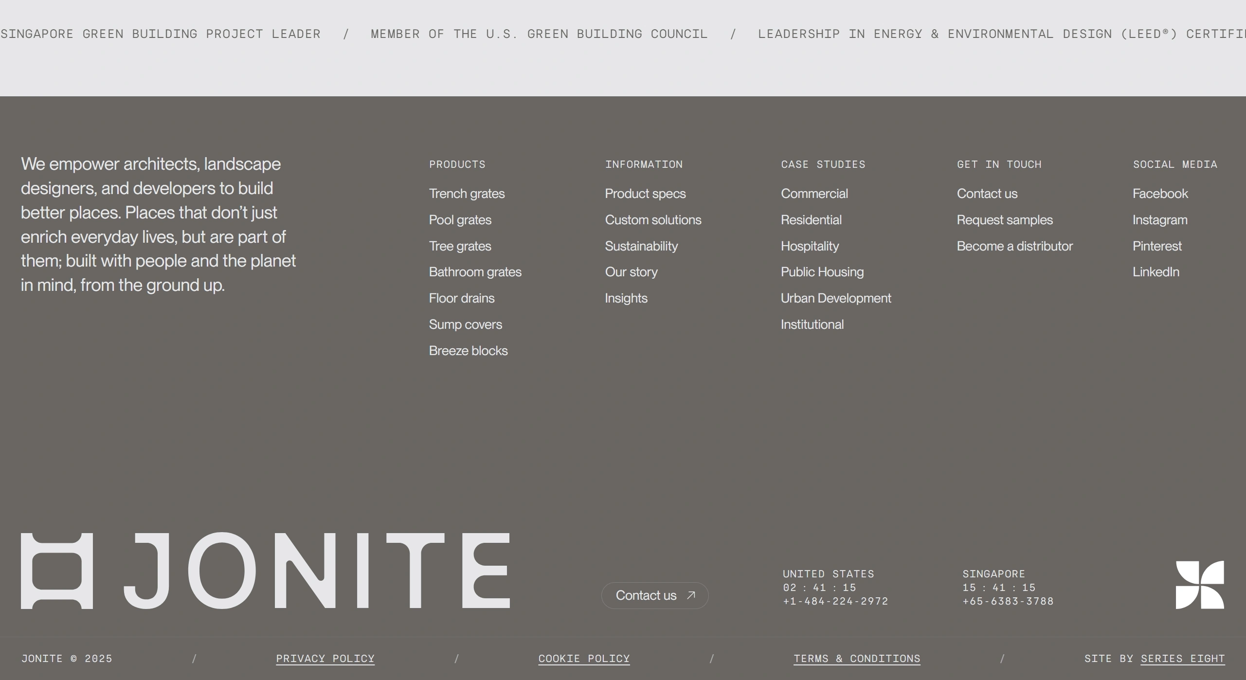 Jonite Секция «Контакты» с сайта https://www.jonite.com/, тематика — Строительство, цвета — Белый, Серый, стиль — Корпоративный, Минимализм, типографика — Без засечек