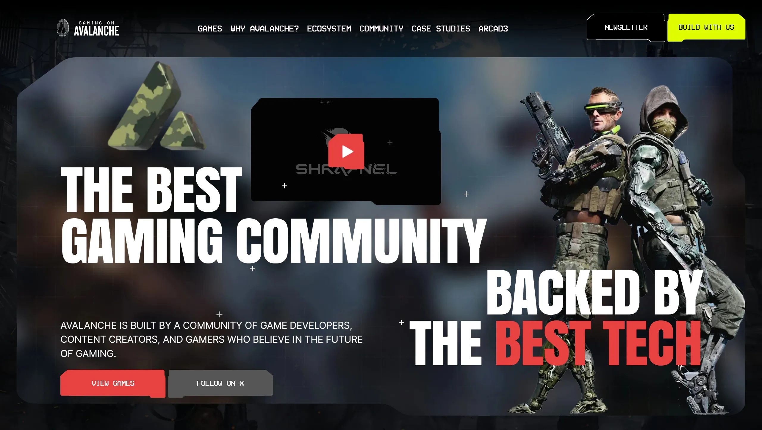 Gaming on Avalanche Секция «Призыв к действию» с сайта https://www.gamingonavax.com/, тематика — Крипто и блокчейн, цвета — Черный, Серый, стиль — Фестивальный, Брутализм, типографика — Без засечек