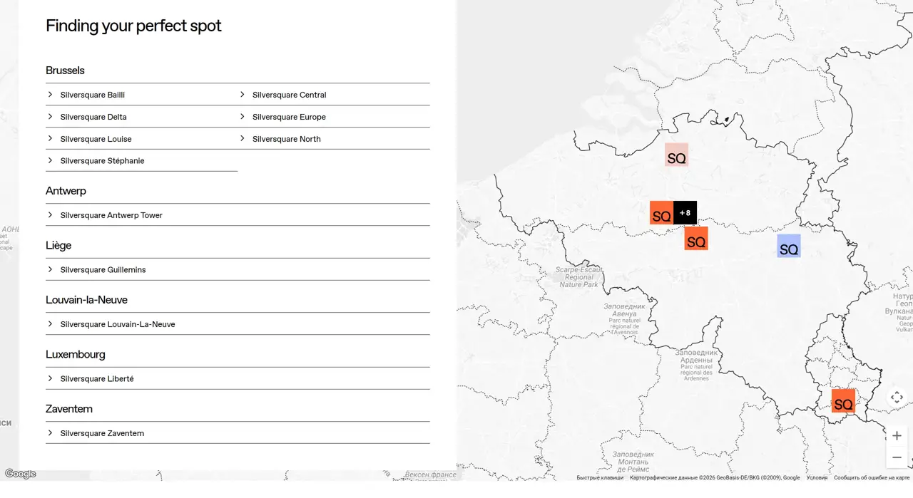 Секция «Карты» с сайта https://silversquare.eu/en, тематика — Комьюнити, цвета — Белый, стиль — Корпоративный, Минимализм, типографика — Без засечек