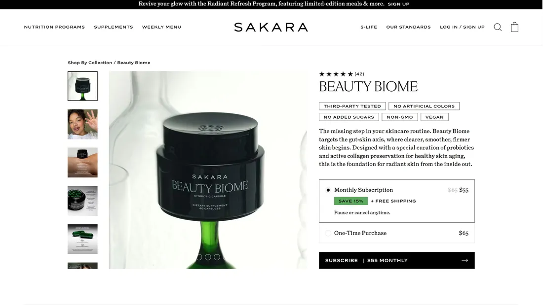 Секция «О продукте» с сайта https://www.sakara.com/, тематика — Здоровье и фитнес, Красота, цвета — Белый, Черный, стиль — Корпоративный, Минимализм, типографика — Без засечек