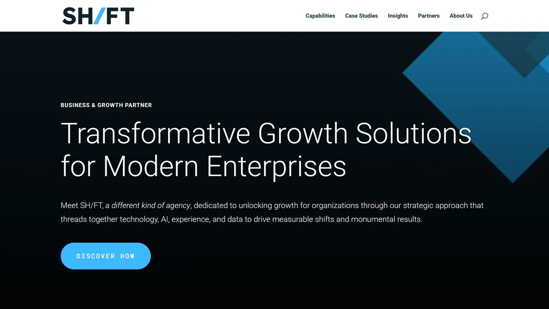 Секция «Первый экран» с сайта https://www.shiftparadigm.com/, тематика — Бизнес и профессиональные услуги, цвета — Черный, стиль — Корпоративный, типографика — Без засечек