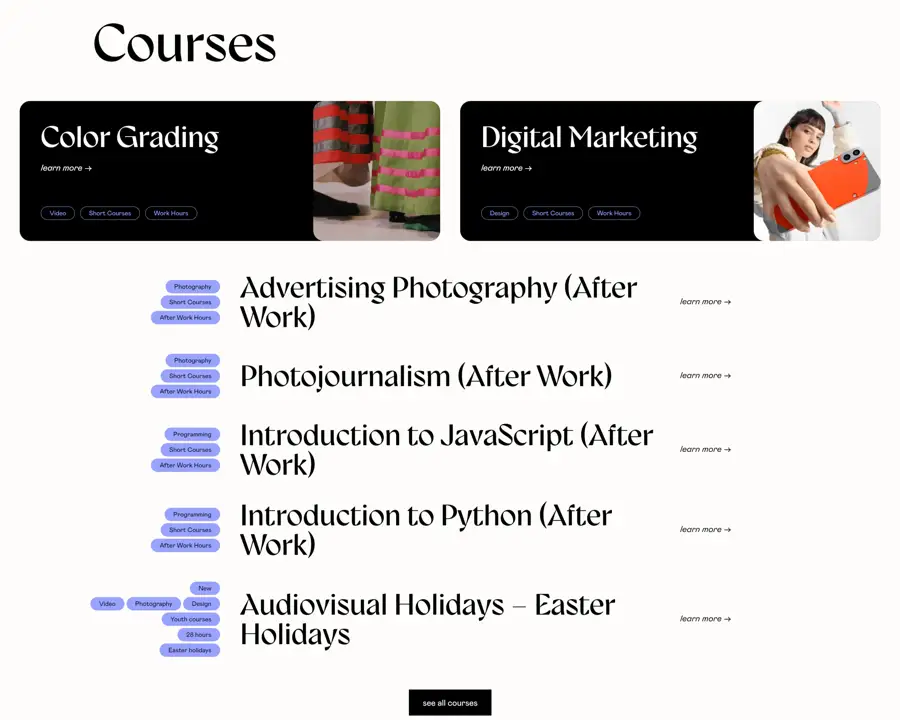 Секция «Услуги» с сайта https://www.eticalgarve.com/en/, тематика — Образование, цвета — Белый, Черный, Серый, стиль — Карточный, Минимализм, типографика — С засечками, Без засечек