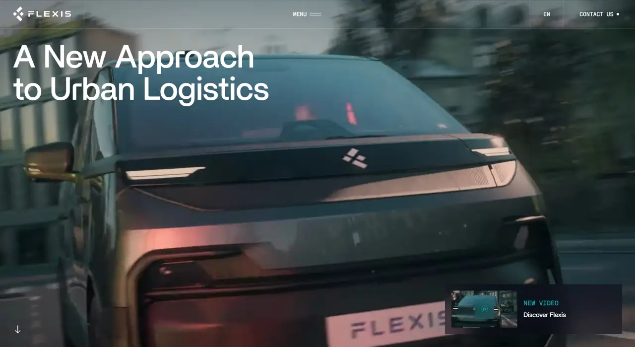 Секция «Первый экран» с сайта https://flexis-mobility.com/, тематика — Логистика, цвета — Черный, Серый, стиль — Корпоративный, Минимализм, типографика — Без засечек