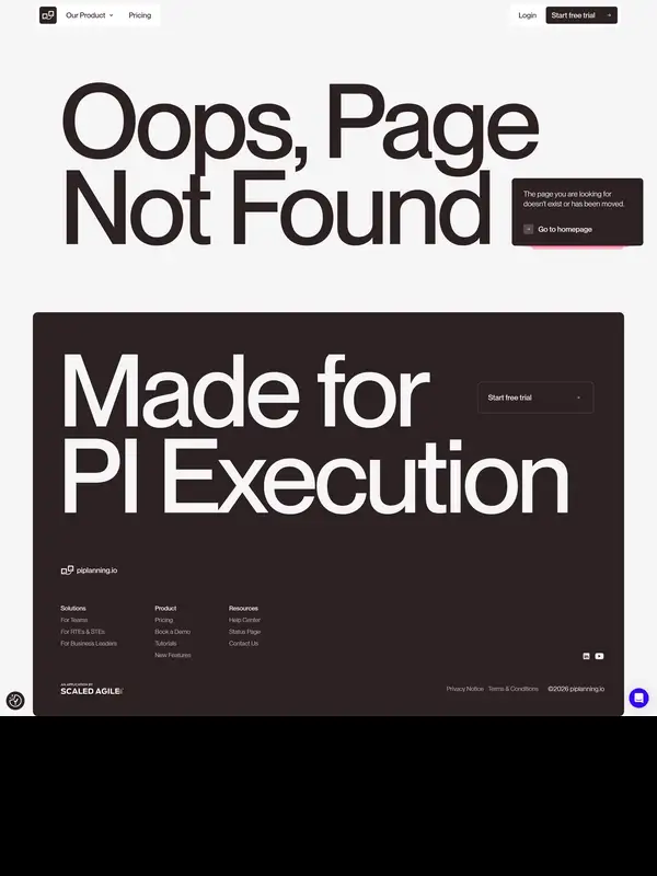 404-страница PI Planning, тематика — SaaS, цвета — Белый, Черный, Серый, стиль — Корпоративный, Минимализм, типографика — Без засечек, Декоративные