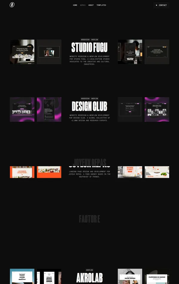 Портфолио Eliot Besson, тематика — Дизайн, цвета — Черный, стиль — Типографика, Брутализм, типографика — Без засечек, Декоративные