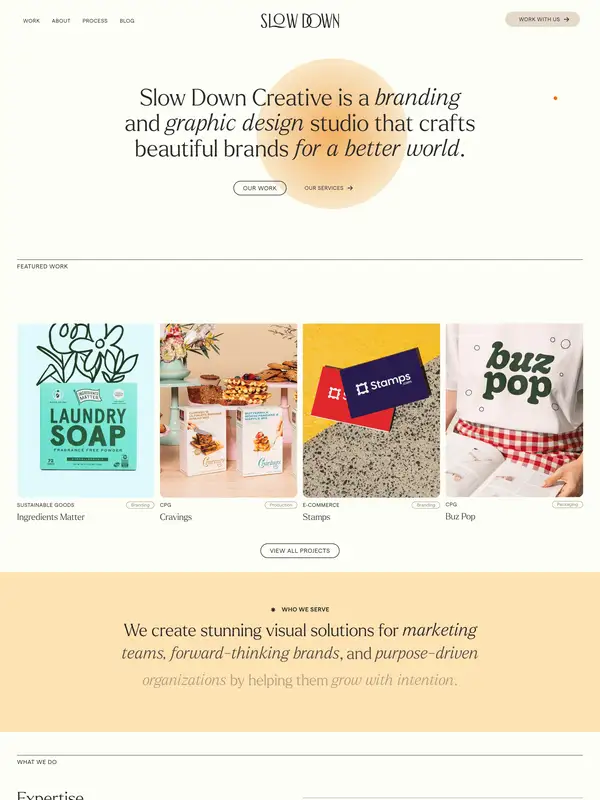 Главная Slow Down Creative, тематика — Дизайн, цвета — Белый, Желтый, стиль — Классический, Минимализм, типографика — С засечками, Без засечек, Рукописные