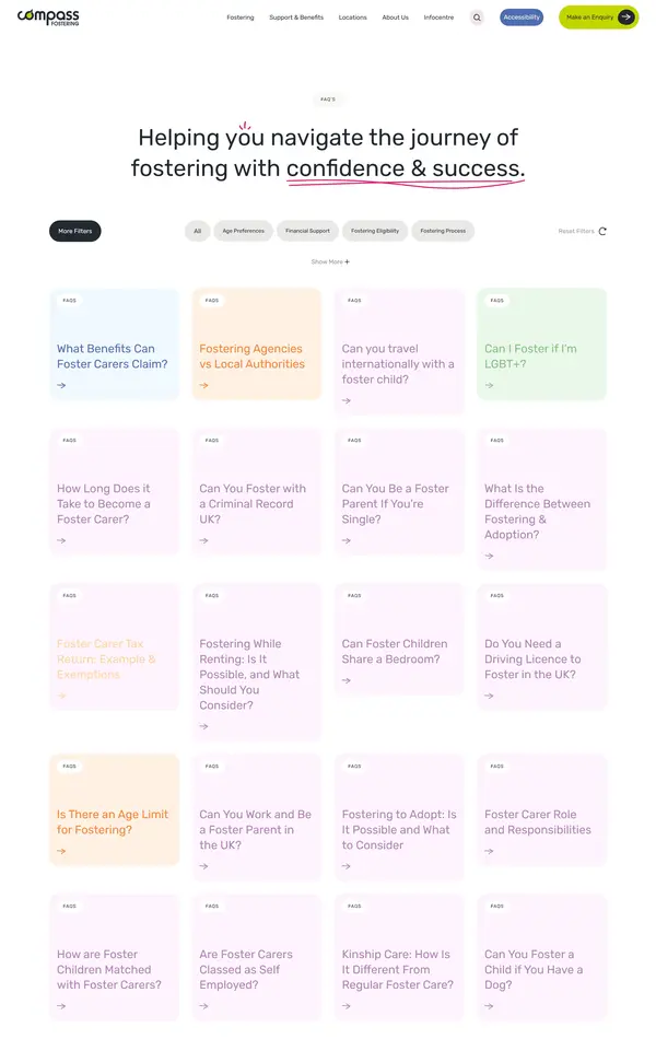 База знаний Compass Fostering, тематика — Некоммерческая деятельность, цвета — Белый, стиль — Корпоративный, типографика — Без засечек