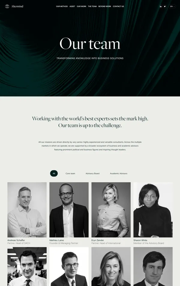 Страница о компании Altermind, тематика — Бизнес и профессиональные услуги, цвета — Белый, Черный, Серый, стиль — Классический, типографика — С засечками, Без засечек