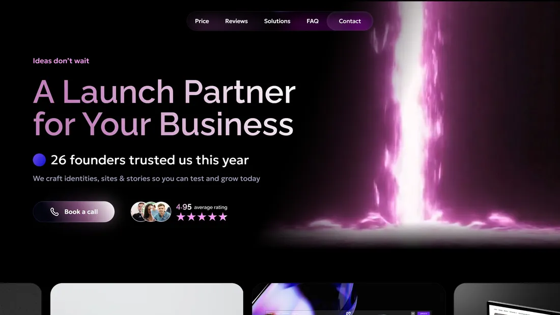 Секция «Первый экран» с сайта https://launch.outflame.io/, тематика — Агентство , цвета — Черный, Серый, стиль — Фестивальный, Типографика, типографика — Без засечек