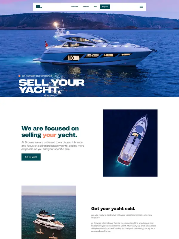 Лендинг Brown's International Yachts, тематика — Другое, цвета — Белый, Черный, Серый, стиль — Корпоративный, Минимализм, типографика — Без засечек