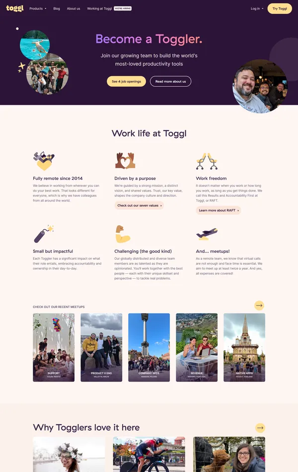 Страница карьеры Toggl Track, тематика — IT и программное обеспечение, цвета — Белый, Черный, Серый, стиль — Корпоративный, типографика — Без засечек