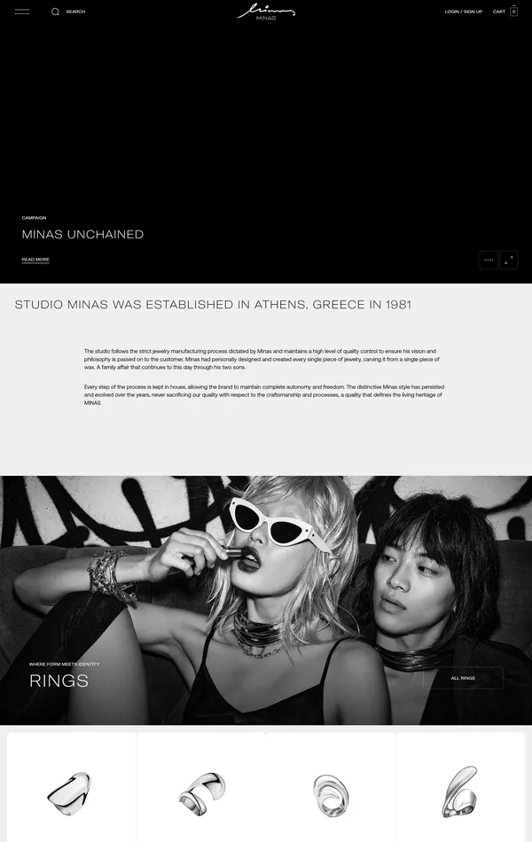 Главная MINAS, тематика — Интернет-магазин, цвета — Белый, Черный, Серый, стиль — Корпоративный, Минимализм, типографика — Без засечек