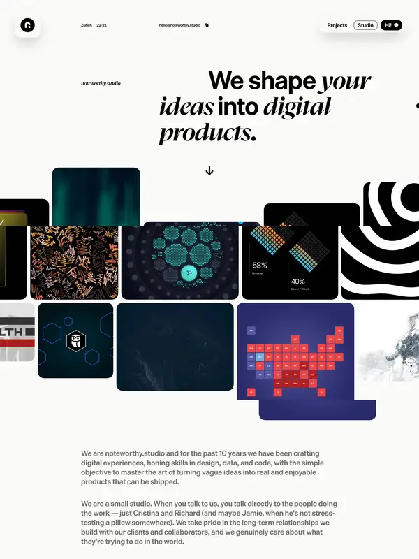 Главная noteworthy studio, тематика — Дизайн, цвета — Белый, Черный, Серый, стиль — Карточный, Минимализм, типографика — С засечками, Без засечек