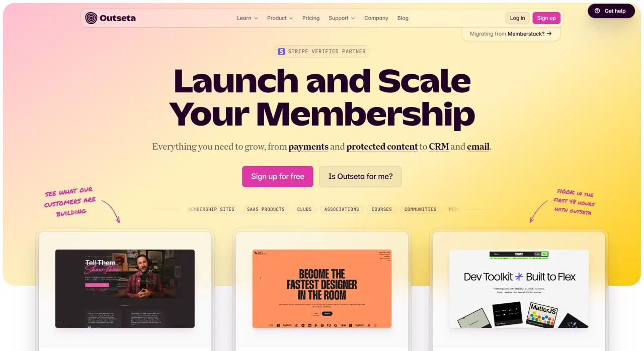 Секция «Первый экран» с сайта https://www.outseta.com/, тематика — SaaS, цвета — Белый, Желтый, стиль — Корпоративный, Минимализм, типографика — Без засечек, Декоративные