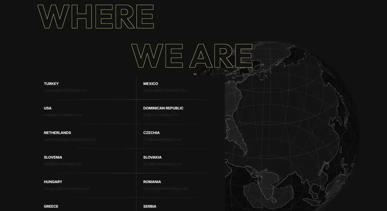 Секция «Контакты» с сайта https://acunmedya.com/en/, тематика — Медиа, цвета — Черный, стиль — Минимализм, типографика — Без засечек, Декоративные