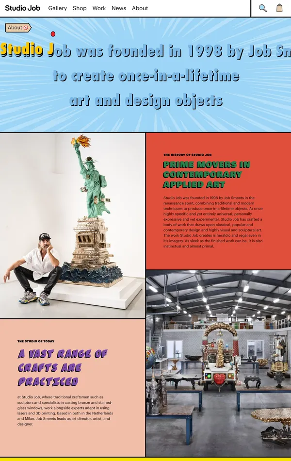 Страница о компании Studio Job, тематика — Дизайн, Искусство, цвета — Белый, Серый, Розовый, стиль — Фестивальный, Типографика, Брутализм, типографика — Без засечек, Декоративные