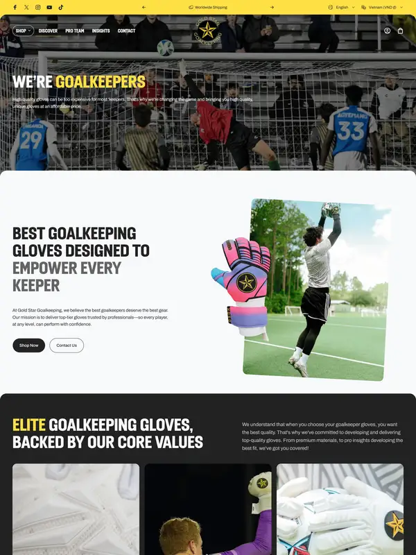 Главная Gold Star Goalkeeping, тематика — Интернет-магазин, цвета — Белый, Черный, Серый, стиль — Корпоративный, Карточный, типографика — Без засечек, Декоративные