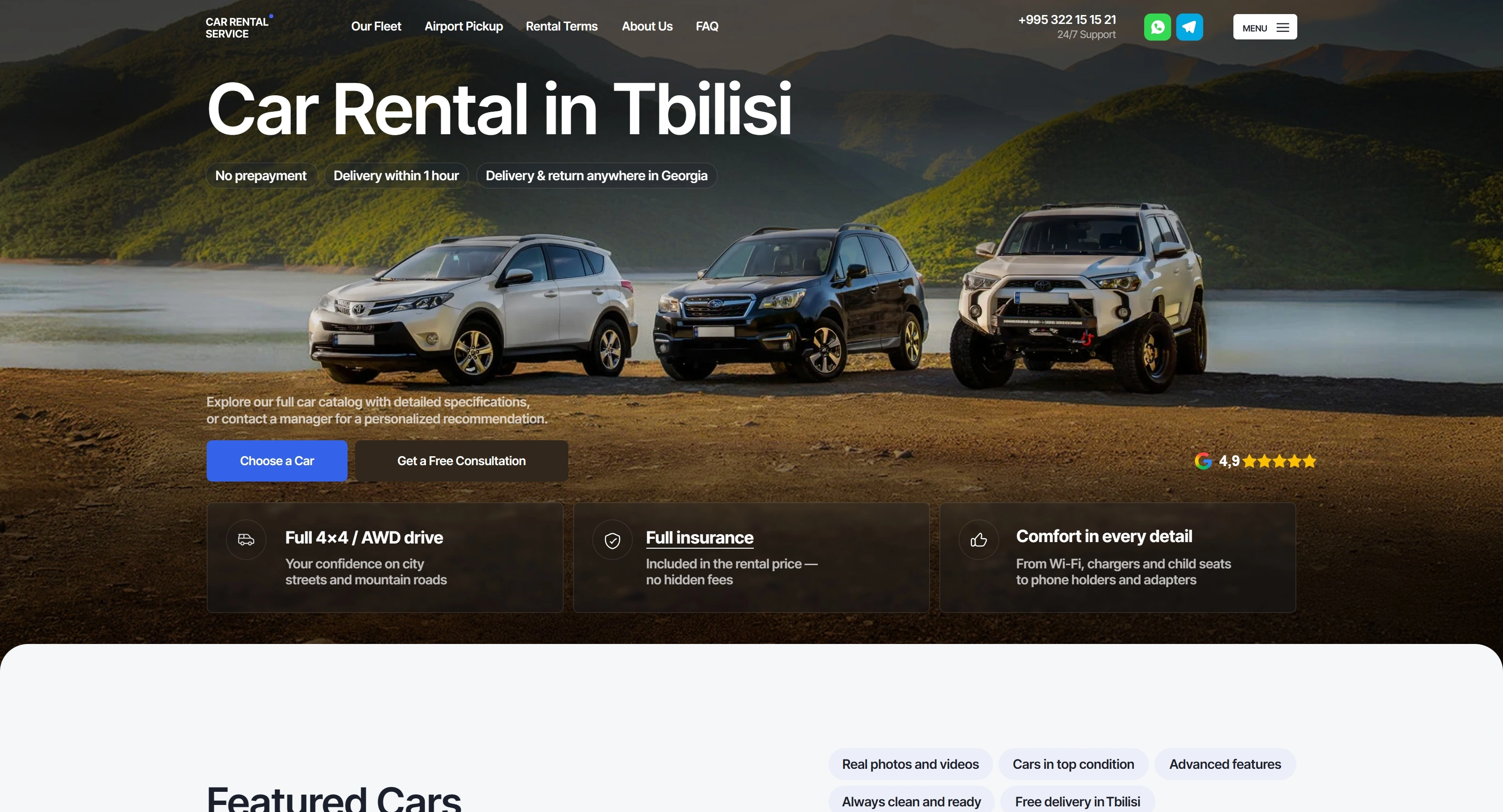 Car Rental Tbilisi Секция «Первый экран» с сайта https://carrentalservice.ge/en/tbilisi/, тематика — Путешествия и туризм, цвета — Черный, Серый, Коричневый, стиль — Классический, Корпоративный, типографика — Без засечек