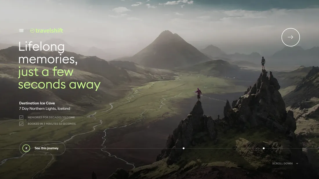 Секция «Первый экран» с сайта https://travelshift.com/, тематика — Путешествия и туризм, цвета — Белый, Черный, Серый, стиль — Минимализм, типографика — Без засечек