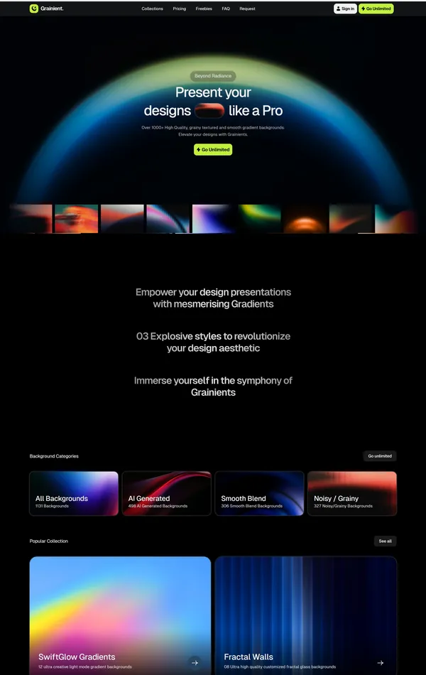 Главная Grainient, тематика — Дизайн, цвета — Черный, стиль — Полигональный, типографика — Без засечек