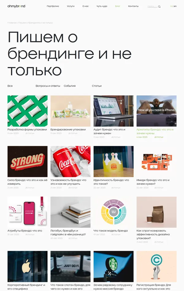 Блог Ohmybrand, тематика — Маркетинг, Дизайн, цвета — Белый, Серый, стиль — Корпоративный, типографика — Без засечек