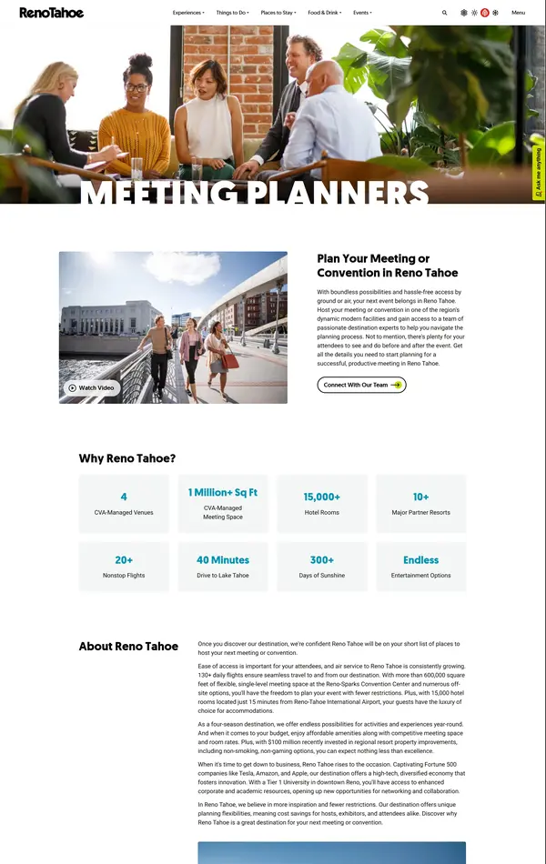 Страница о компании Visit Reno Tahoe, тематика — Путешествия и туризм, цвета — Белый, Серый, стиль — Корпоративный, типографика — Без засечек