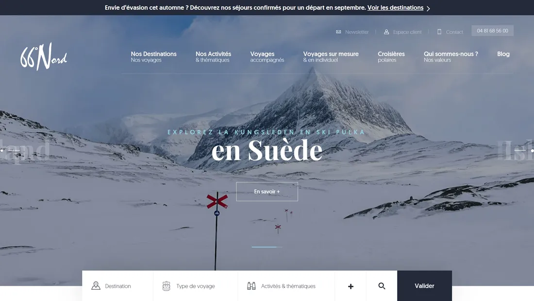 Секция «Первый экран» с сайта https://www.66nord.com/, тематика — Путешествия и туризм, цвета — Серый, стиль — Классический, Корпоративный, типографика — Без засечек