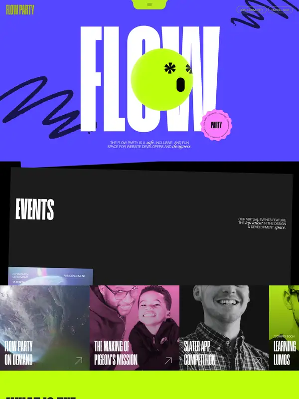 Лендинг The Flow Party, тематика — Комьюнити, цвета — Черный, Серый, Желтый, стиль — Брутализм, типографика — Без засечек, Декоративные