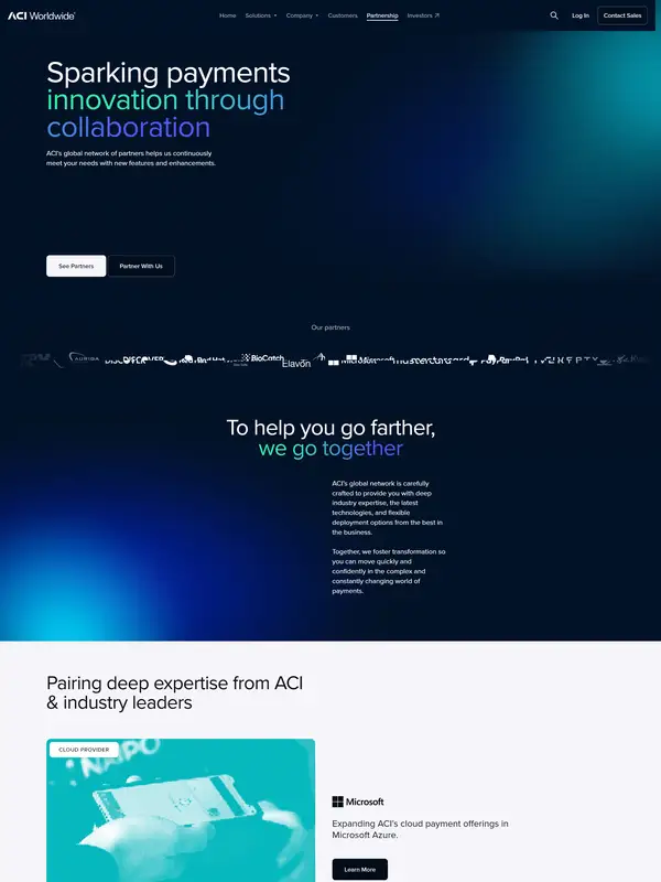 Услуги ACI Worldwide, тематика — Финансы, цвета — Белый, Черный, Синий, стиль — Корпоративный, Минимализм, типографика — Без засечек