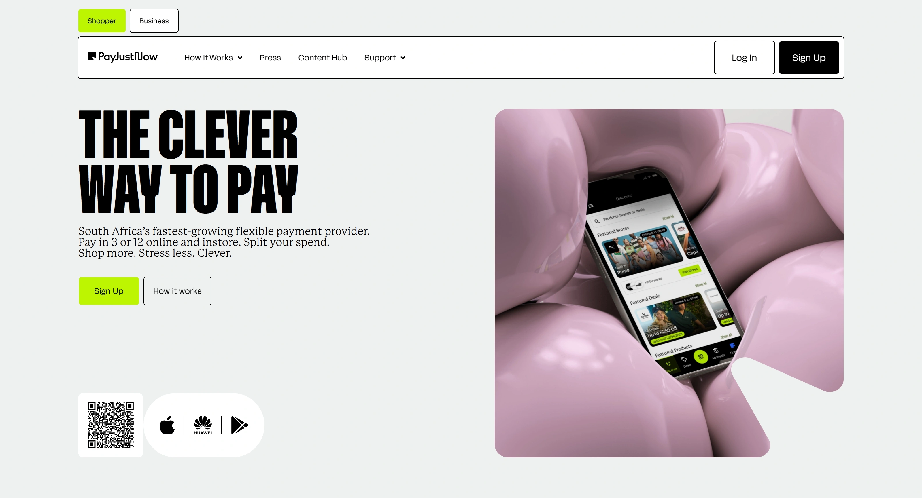PayJustNow Секция «Первый экран» с сайта https://payjustnow.com/, тематика — Финансы, цвета — Белый, Серый, стиль — Минимализм, Брутализм, типографика — Без засечек, Декоративные